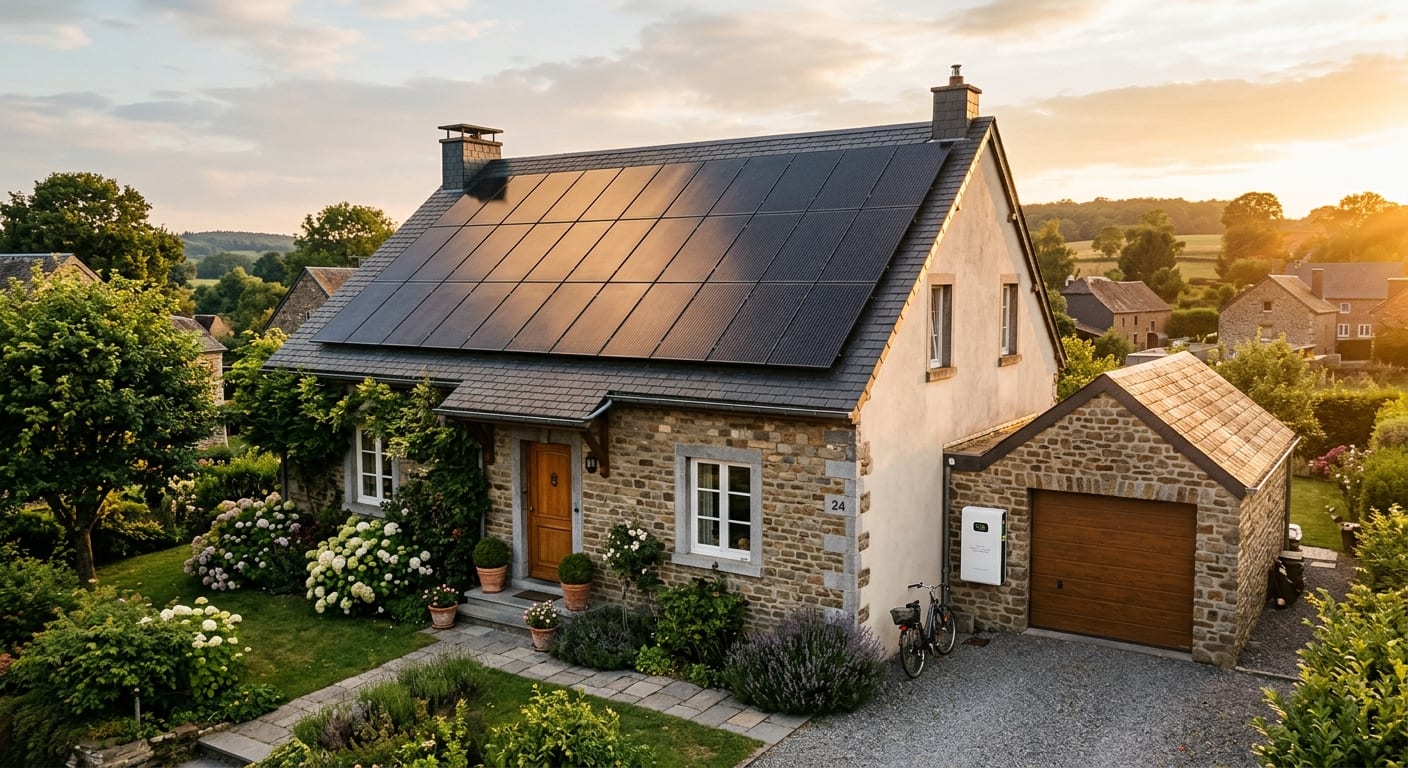 Maison unifamiliale en Wallonie avec toiture équipée de panneaux photovoltaïques modernes et boîtier de batterie domestique au mur du garage dans une lumière chaleureuse